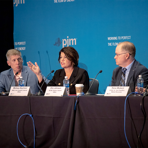 Panelists from several RTOs discussed how stakeholders can learn from their experiences on reliability, security and the clean energy transition. From left: Stu Bresler, PJM; Melissa Seymour, MISO; Eric Johnson, ISO-NE; and Rana Mukerji, NYISO.